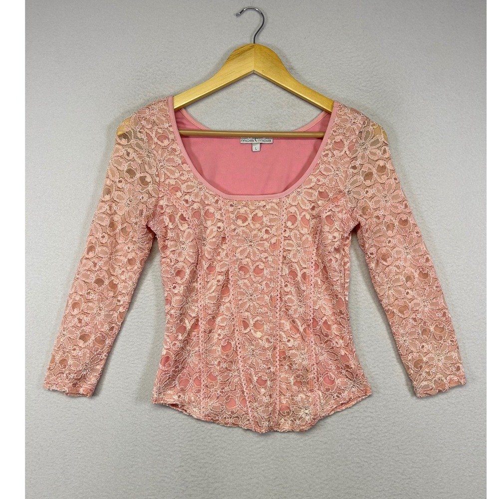 Coquette‎ Romantic Moa Moa Womens L Pink Floral Lace 3/4 Sleeve Scoop Neck Top